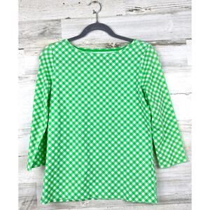 Talbots Women S Petite Green White Gingham 3/4 Sleeve Perfect Tee NEW Casual Top
